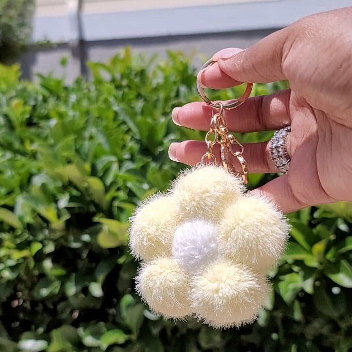 Cute Flower Pom Pom Keychain with Gold Hardware