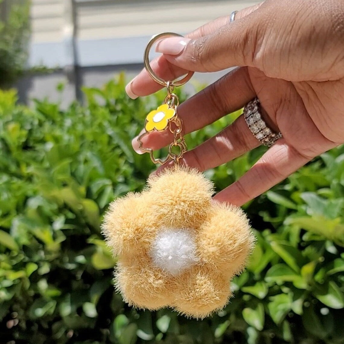 Cute Flower Pom Pom Keychain with Gold Hardware