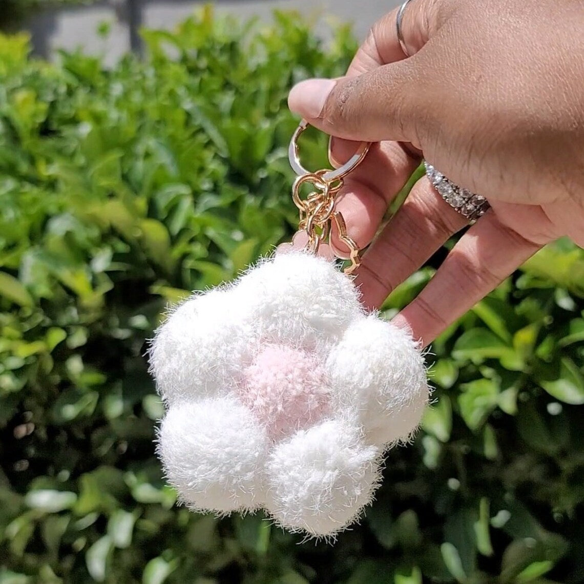 Cute Flower Pom Pom Keychain with Gold Hardware