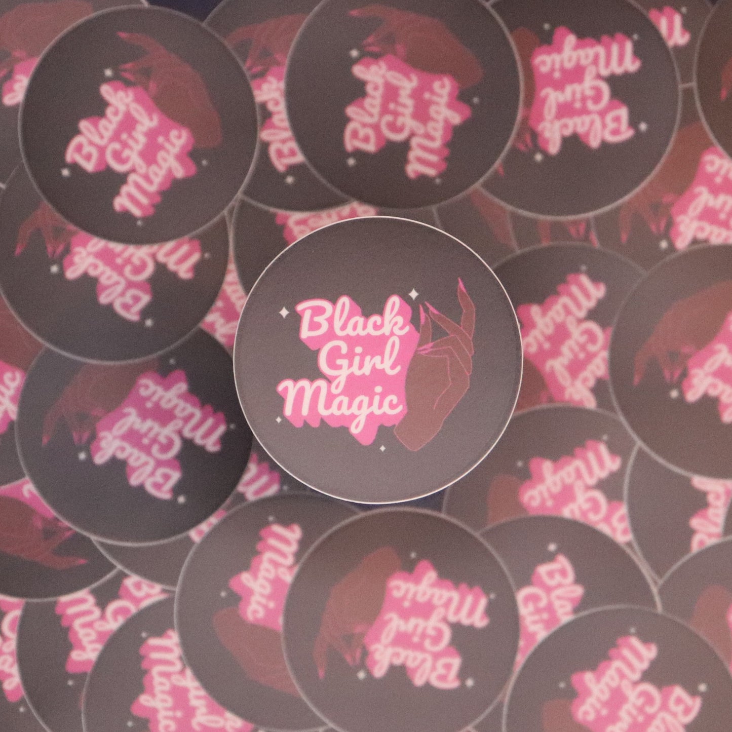 Black Girl Magic circle sticker, includes brown hand with pink nails   3 inches by 3 inches circle sticker Waterproof Sticker and fade resistant